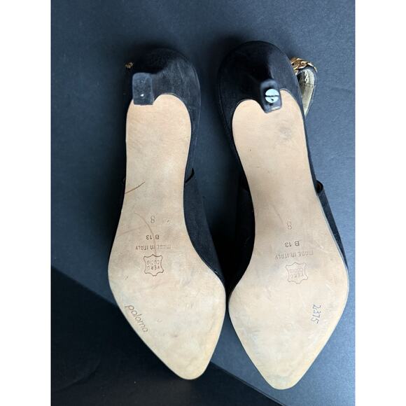Vtg Paloma Made In Italy Suede Sling Back Shoes Size 8 Black Gold Chain Strap - Picture 4 of 6